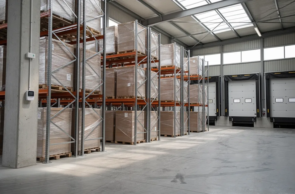 Entrepôt avec zones de stockage et portes de quai